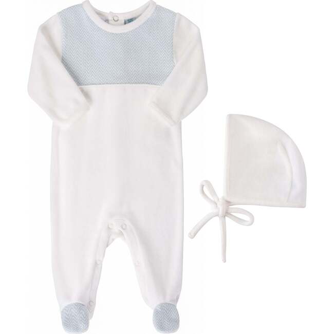 Baby Chevron Velour Romper with Hat Powder Blue