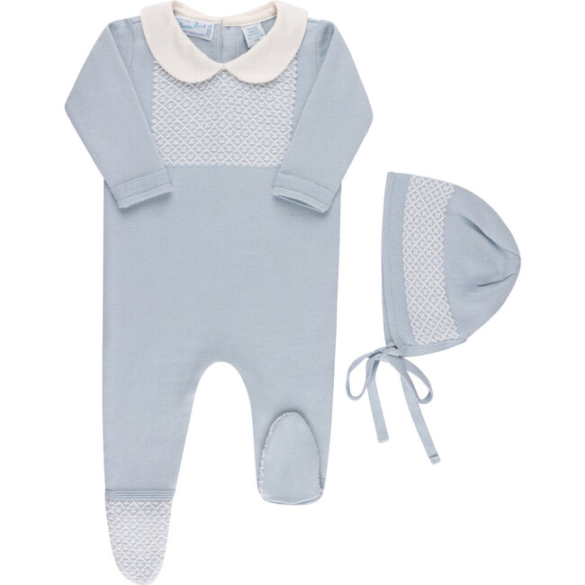 Boys Jacquard Collared Knit Romper & Bonnet Powder Blue