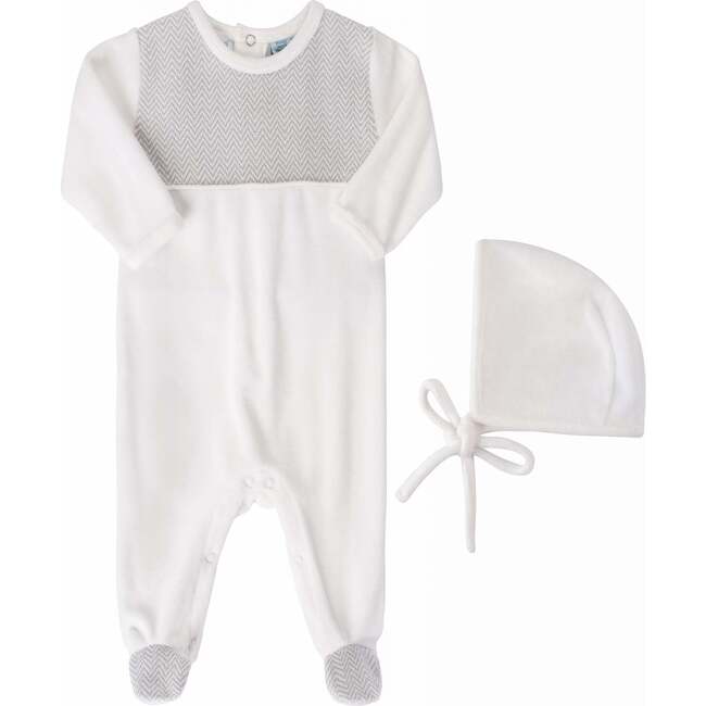 Baby Chevron Velour Romper with Hat Grey