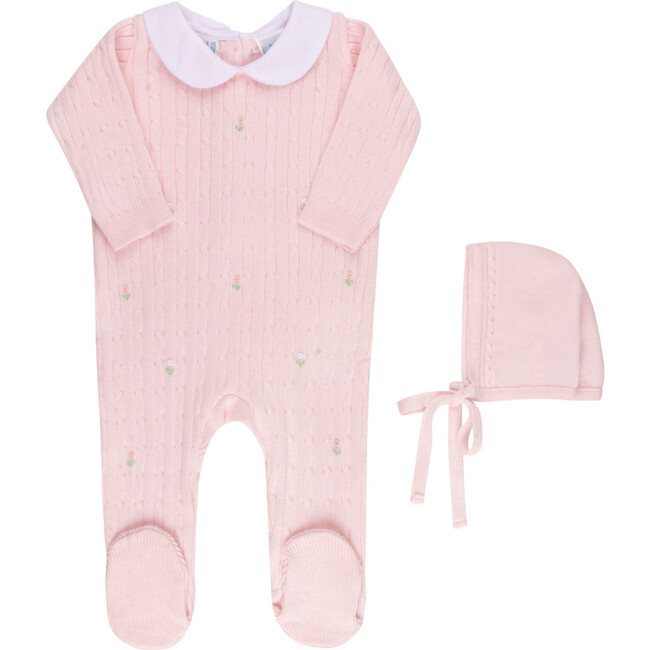 Girls Peter Pan Cable Knit Romper & Bonnet Pink