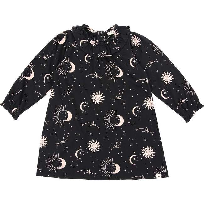Celestial Print Ruffle Neck Dress, Black