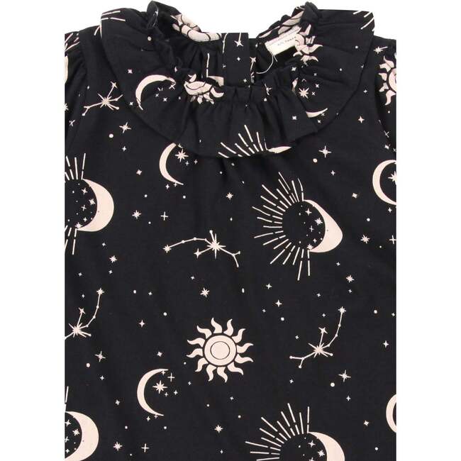 Celestial Print Ruffle Neck Dress, Black - Dresses - 3