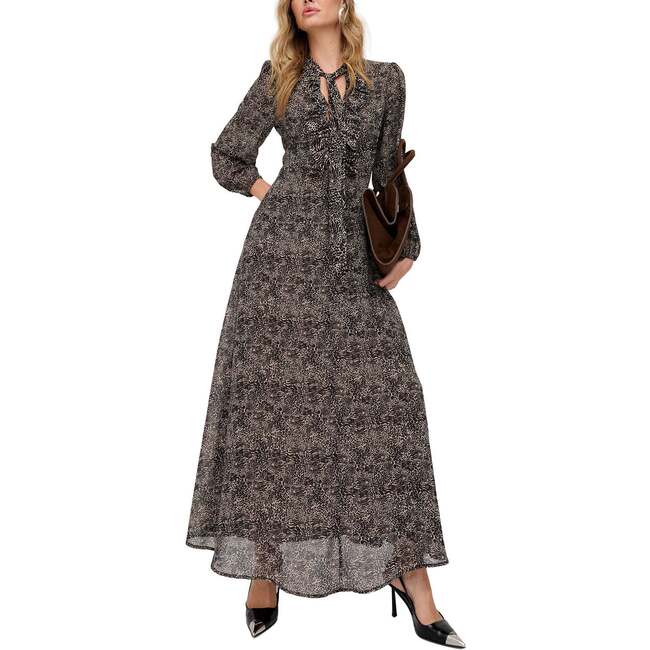 Margot Ruffle Neck Spot Print Maxi Dress, Brown