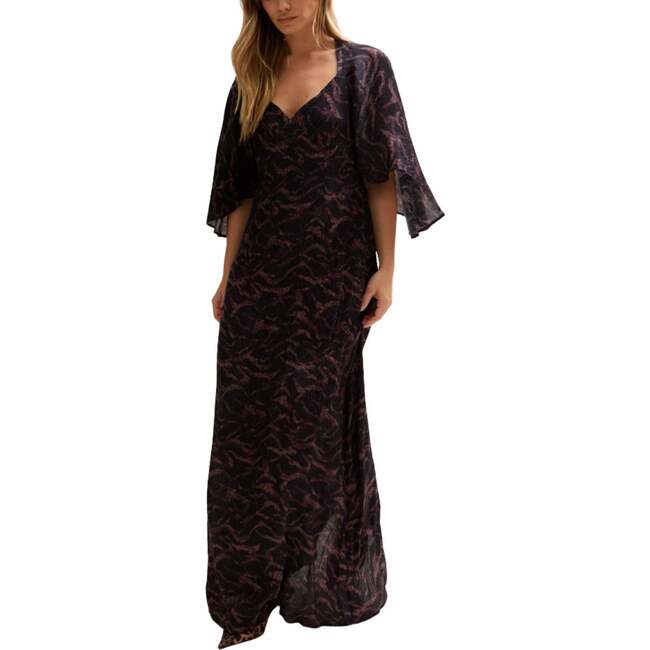 Lydia Angel Sleeve Midnight Tiger Print Maxi Dress