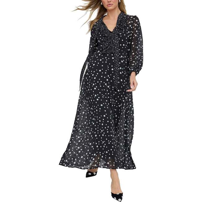 Margot Ruffle Neck Spot Print Maxi Dress, Black