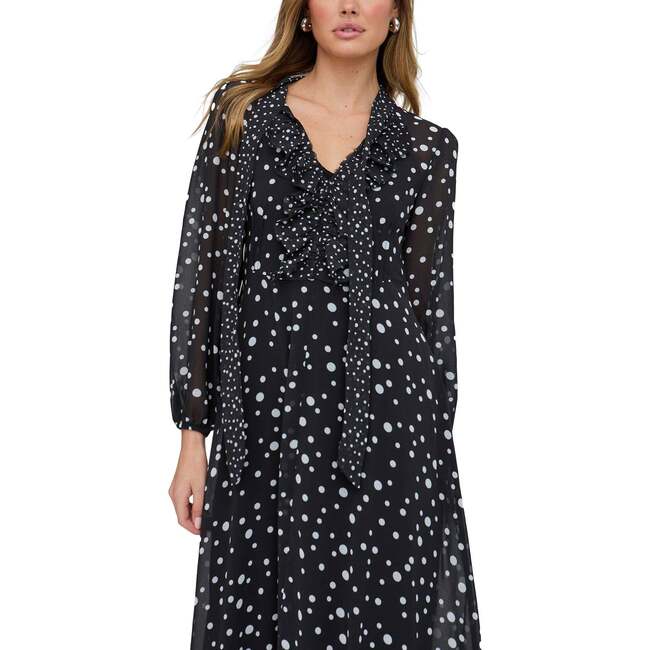 Margot Ruffle Neck Spot Print Maxi Dress, Black - Dresses - 3