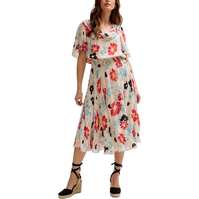 Galaxy Cowl Neck Poppy Print Midi Dress