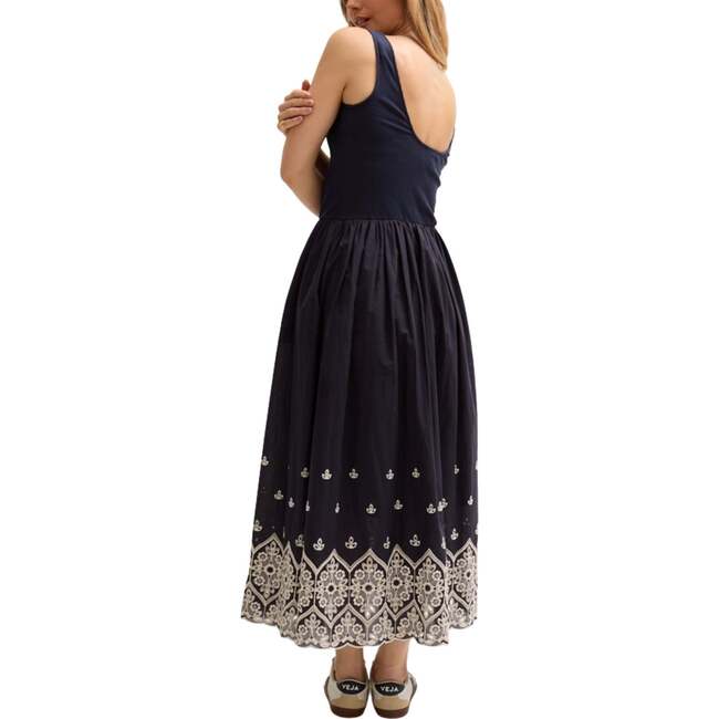 Cora Sleeveless Jersey Bodice Embroidered Midi Dress