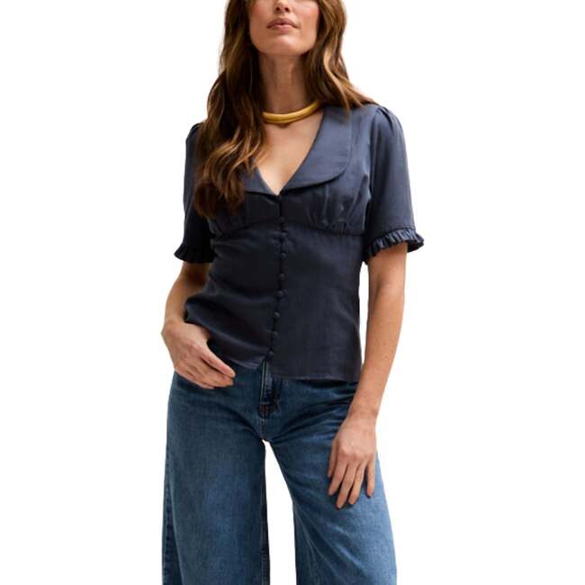 Rachel Vintage Inspired Short Sleeve Shirt, Navy