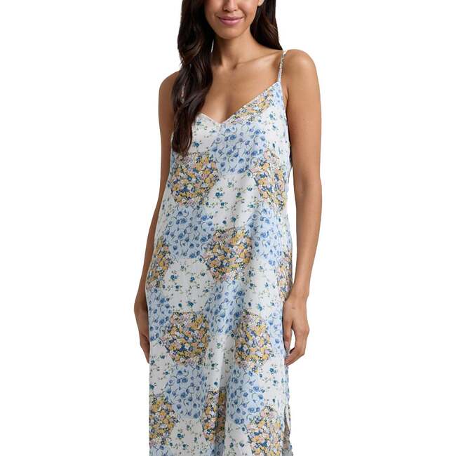 Rosie V-Neck Patchwork Print Slip Nightgown, Blue Floral - Pajamas - 3