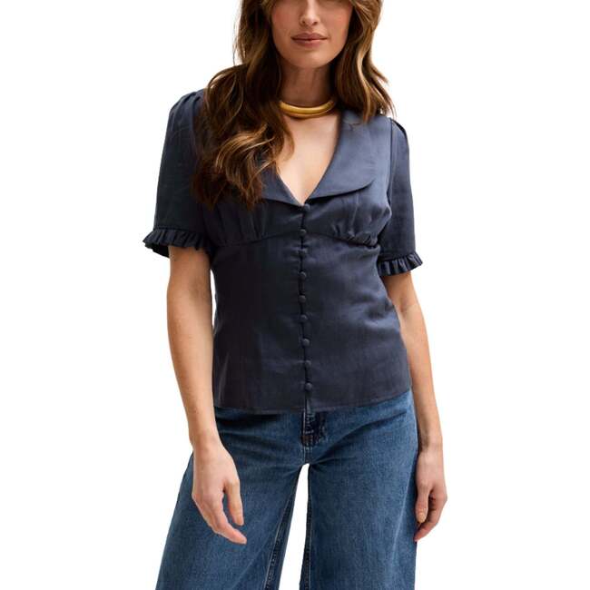 Rachel Vintage Inspired Short Sleeve Shirt, Navy
