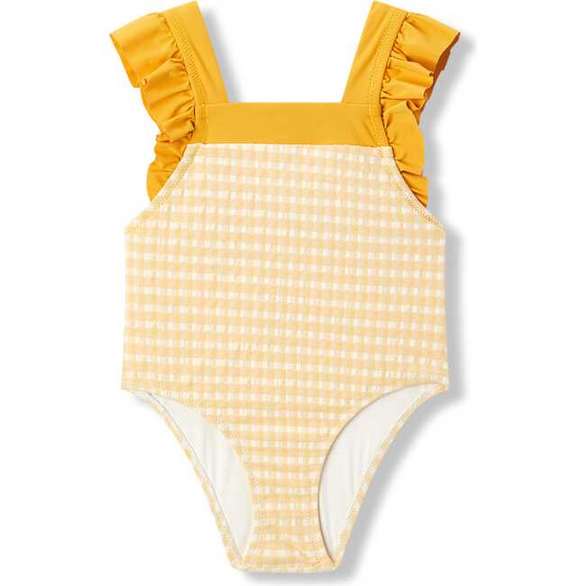 Yellow Gingham Ruffle Square Neck Swimsuit
