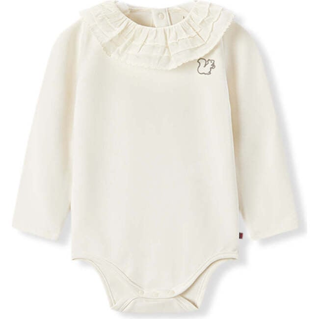 White Brushed Ruffled Collar Long Sleeve One Piece