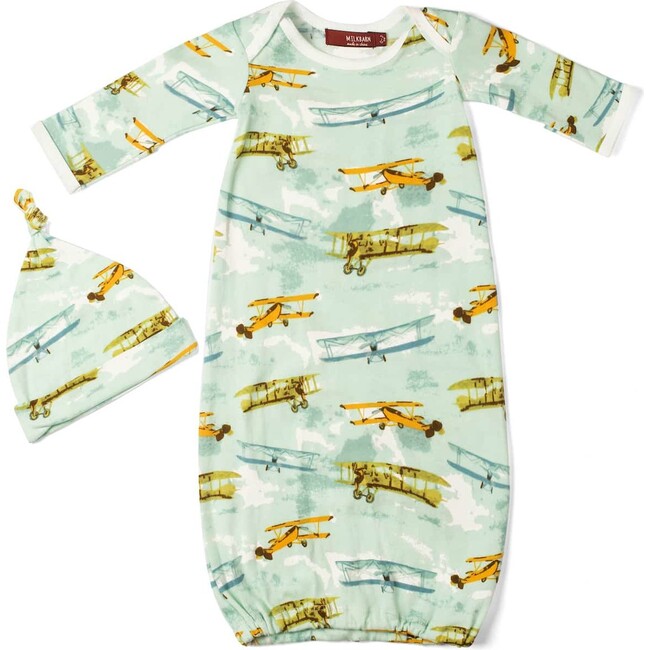 Vintage Planes Organic Cotton Newborn Gown & Hat Set