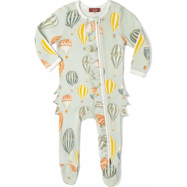 Vintage Balloons Organic Cotton Ruffle Zipper Footed Romper