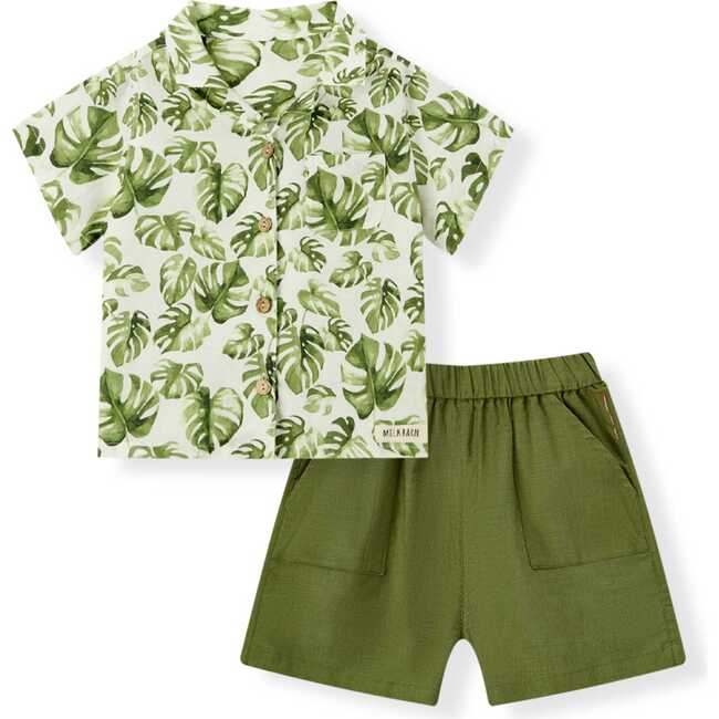 Island Leaf Linen Button-Up Shirt and Shorts Set