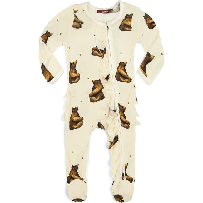 Honey Bear Bamboo Ruffle Zipper Footed Romper