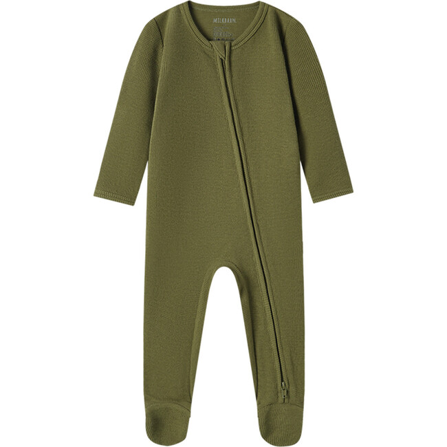 Olive Waffle Zipper Footed Romper