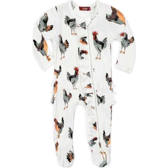 Chicken Organic Cotton Ruffle Zipper Footed Romper
