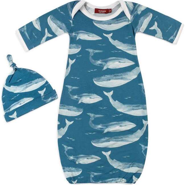 Blue Whale Bamboo Newborn Gown & Hat Set
