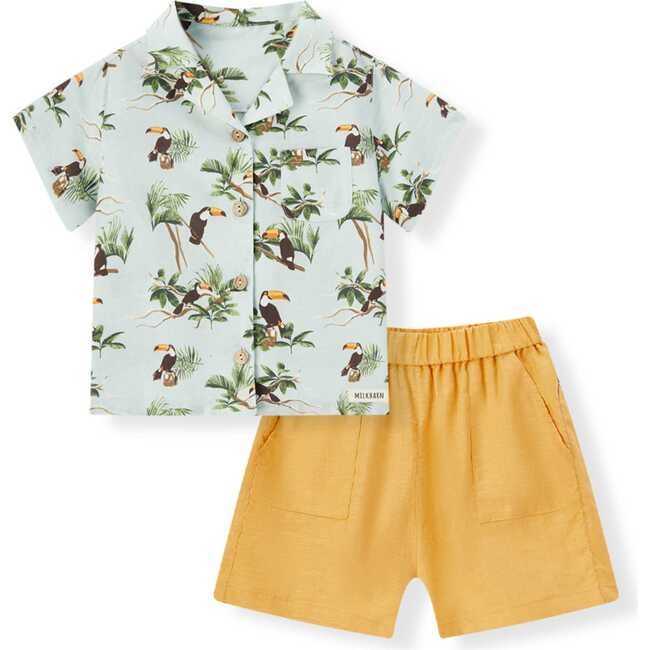 Blue Sky Toucan Linen Button-Up Shirt and Shorts Set