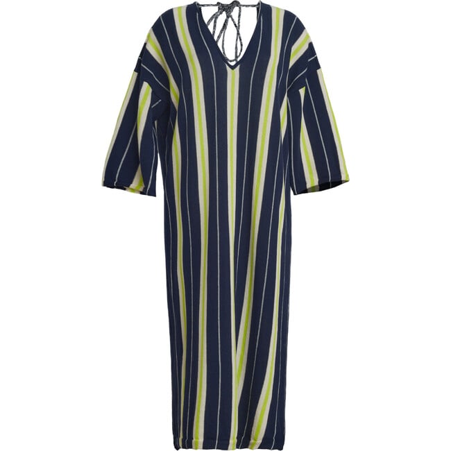 Women's Maya Stripe Braided Tassel Back Tie Tunic Dress, Navy, Ivory & Lime Combo