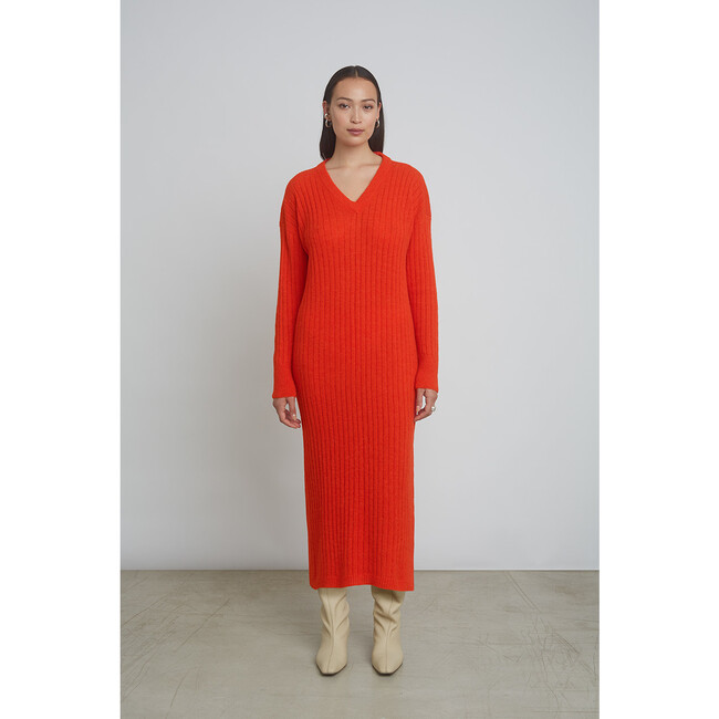 Women's Vera Wide Rib Knit Long Sweater Dress, Tomato