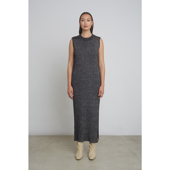 Women's Isla Lurex Wavy Rib Knit Long Tank Sweater Dress, Black & Silver