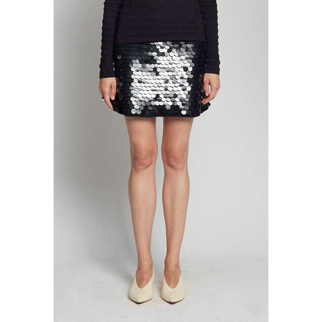 Women's Mya Open Crochet Stitch Large Sequins Mini Skirt, Black & Black