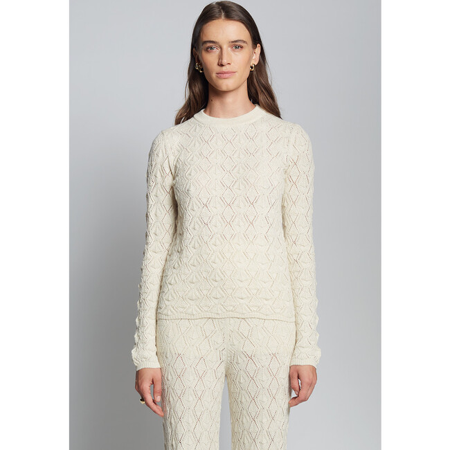 Women's Theresa Slim Crew Neck Modern Lace Stitch Sweater, Ivory