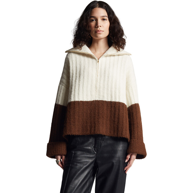 Women's Uma Color-Block Ribbed Drop Shoulder Half-Zip Poncho, Ivory & Cocoa