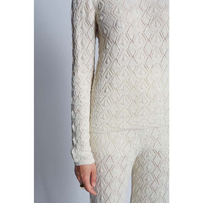 Women's Theresa Slim Crew Neck Modern Lace Stitch Sweater, Ivory - Sweaters - 5