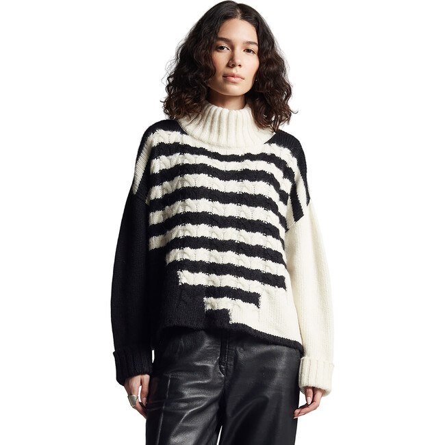 Women's Maeve Striped Funnel Neck Long Sleeve Cable Knit Sweater, Ivory & Black