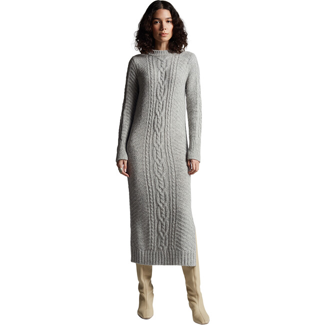 Women's Lora Ribbed Hem Long Sleeve Cable Knit Sweater Dress, Pale Grey