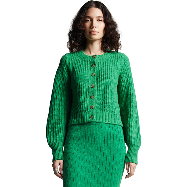 Women's Becca Crew Neck Blouson Sleeve Button-Up Cardigan, Emerald