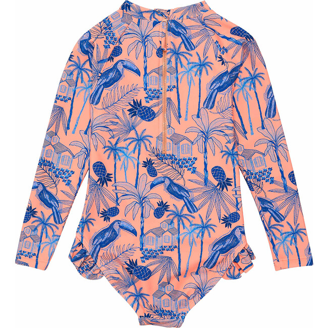 UPF50+ Sustainable High Neck Long Sleeve Leg Frill Surf Suit, Tropicana Vacay