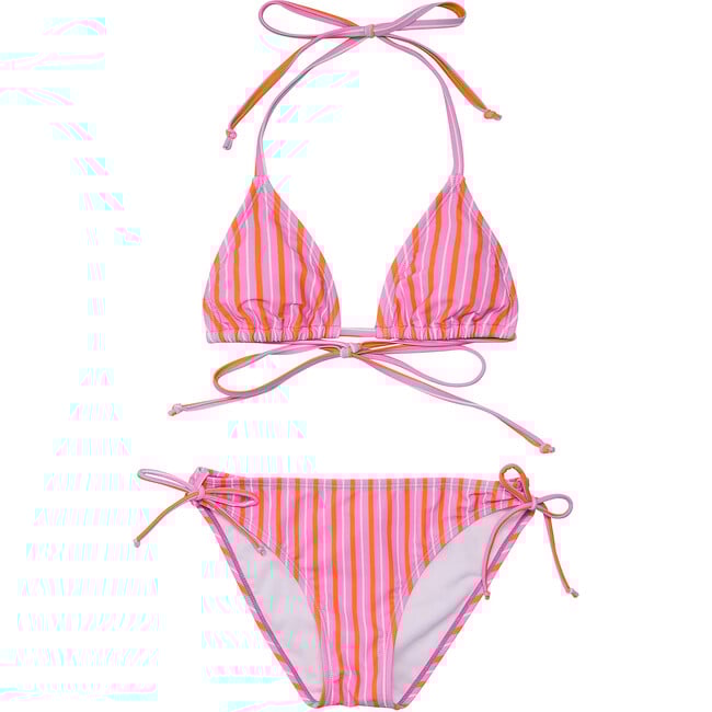 UPF50+ Sustainable Halter Neck Tie Front & Bottom Triangle Bikini, Stripy Sunset - Two Pieces - 1