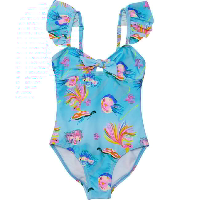 UPF50+ Sustainable Frill Shoulder Front Knot Swimsuit, Kaleido Fish - One Pieces - 1
