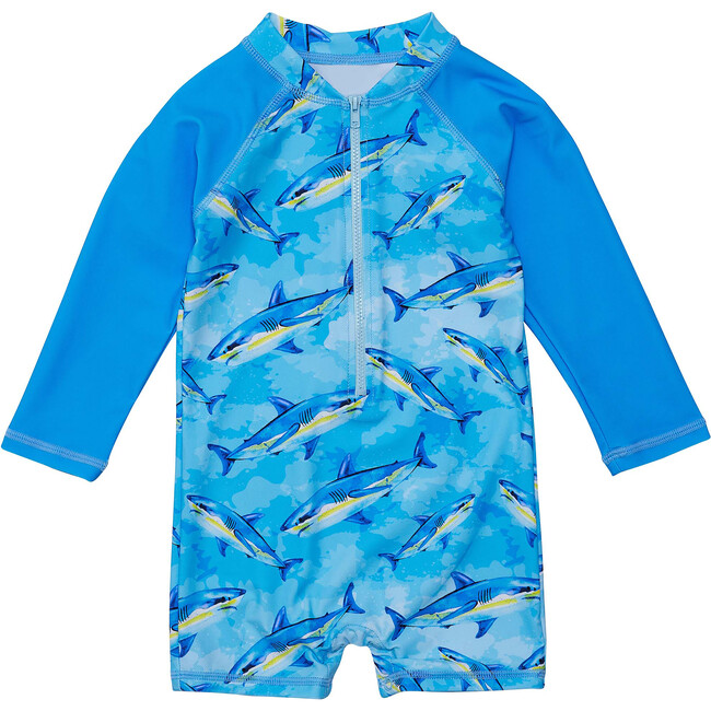 UPF50+ Long Raglan Sleeve Short Sunsuit, Jawsome Waves - One Pieces - 1