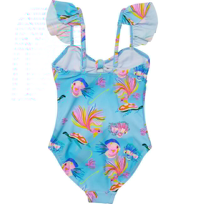 UPF50+ Sustainable Frill Shoulder Front Knot Swimsuit, Kaleido Fish - One Pieces - 2
