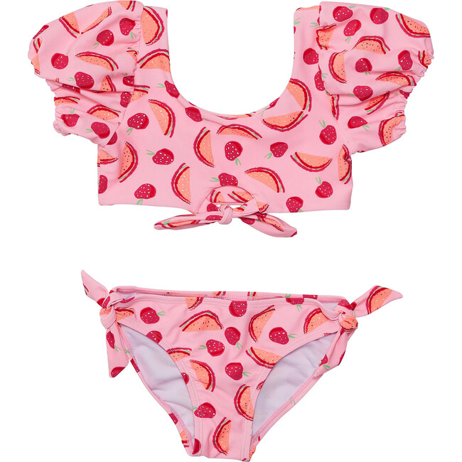 UPF50+ Knot Front Puff Sleeve Tie Knot Bikini, Berry Sweet