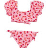 UPF50+ Knot Front Puff Sleeve Tie Knot Bikini, Berry Sweet - Two Pieces - 2 - thumbnail