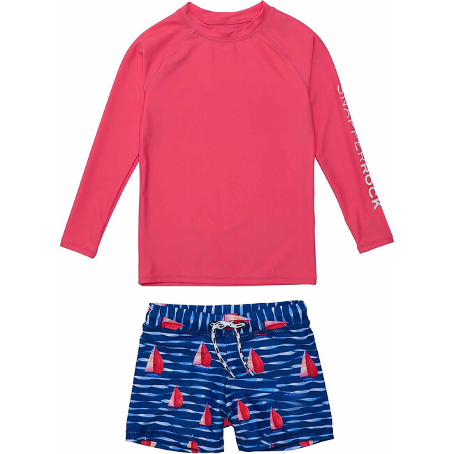 UPF50+ Contrast Long Sleeve Rashguard & Short Set, Sailboat Rock