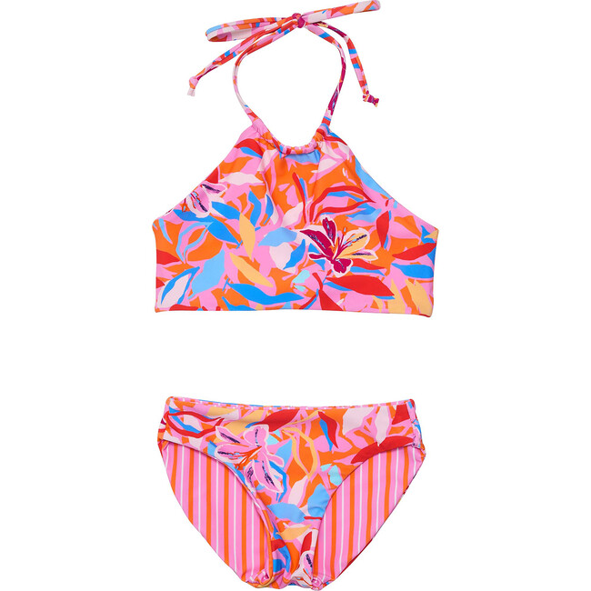 Sustainable Reversible Halter Tie Neck Bikini, Blooming Sunset - Two Pieces - 1