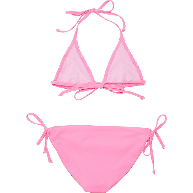 Shirred Halter Neck Tie Front & Bottom Triangle Bikini, Pink