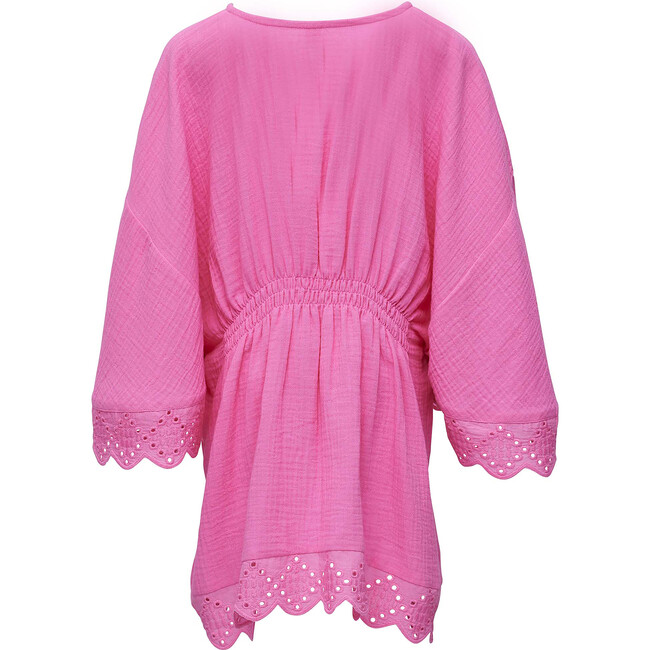 Eyelet Scaloped Trim Waist Tie Beach Cover Up, Bubble Gum