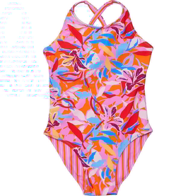 UPF50+ Sustainable Reversible Halter X-Back Swimsuit, Blooming Sunset - One Pieces - 1