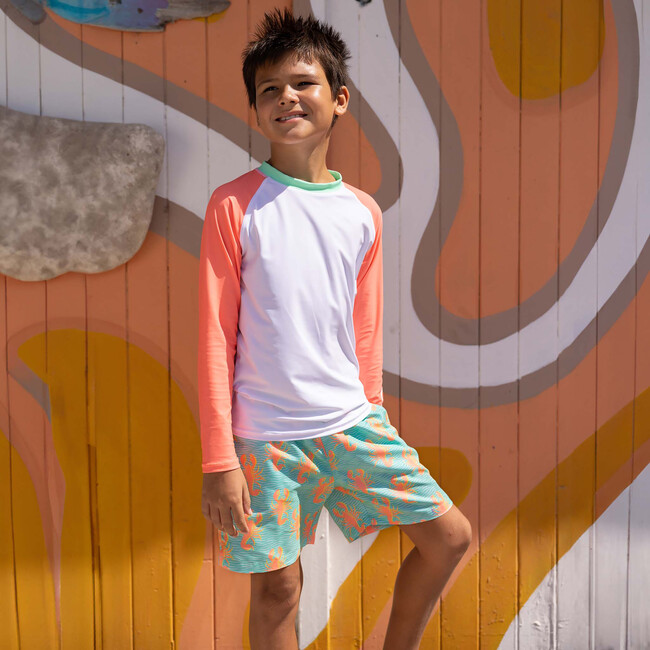 Crew Neck Contrast Long Raglan Sleeve Sustainable Rashguard, Coral & White - Rash Guards - 3