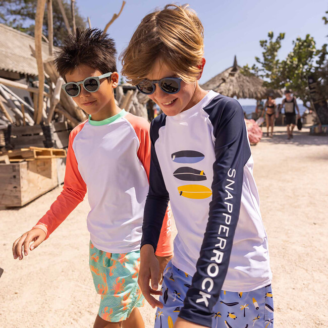 Crew Neck Contrast Long Raglan Sleeve Sustainable Rashguard, Coral & White - Rash Guards - 6