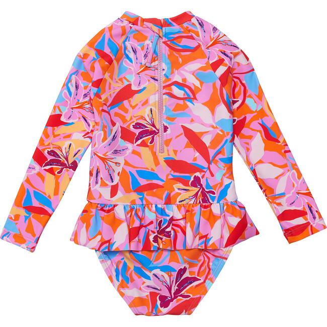 Sustainable High Neck Long Sleeve Waist Skirt Surf Suit, Blooming Sunset